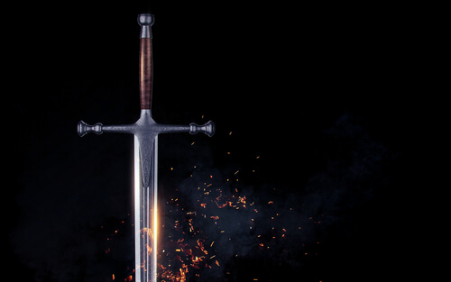 Metal,Sword,On,A,Dark,Background,With,Clouds.,3d,Render